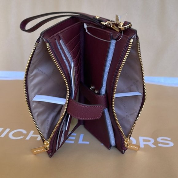 Michael Kors Jet Set Travel Large Double Zip Wristlet Wallet Merlot Leather - Picture 11 of 16
